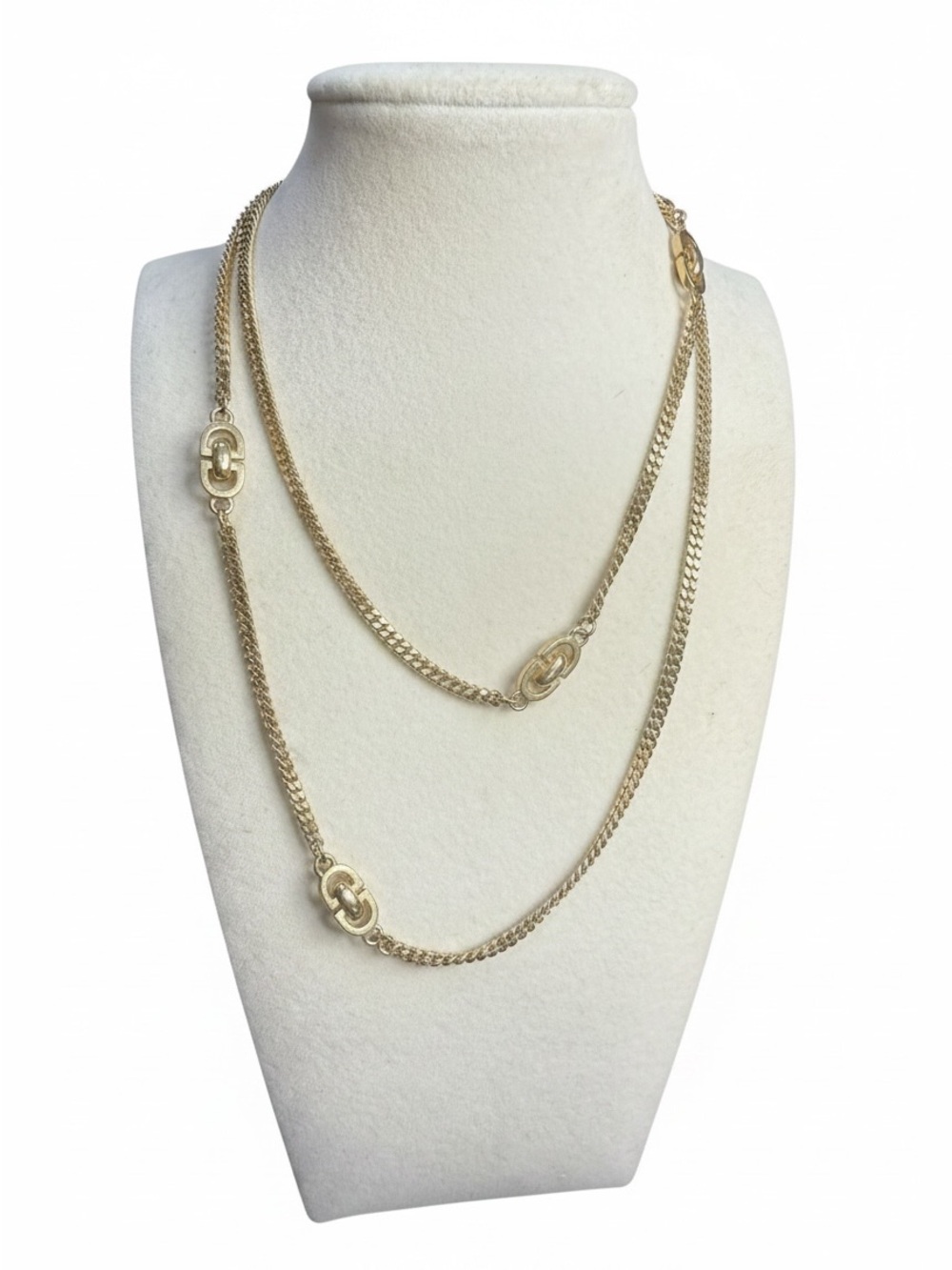 Vintage Christian Dior Gold Tone Long Chain Logo Station Necklace